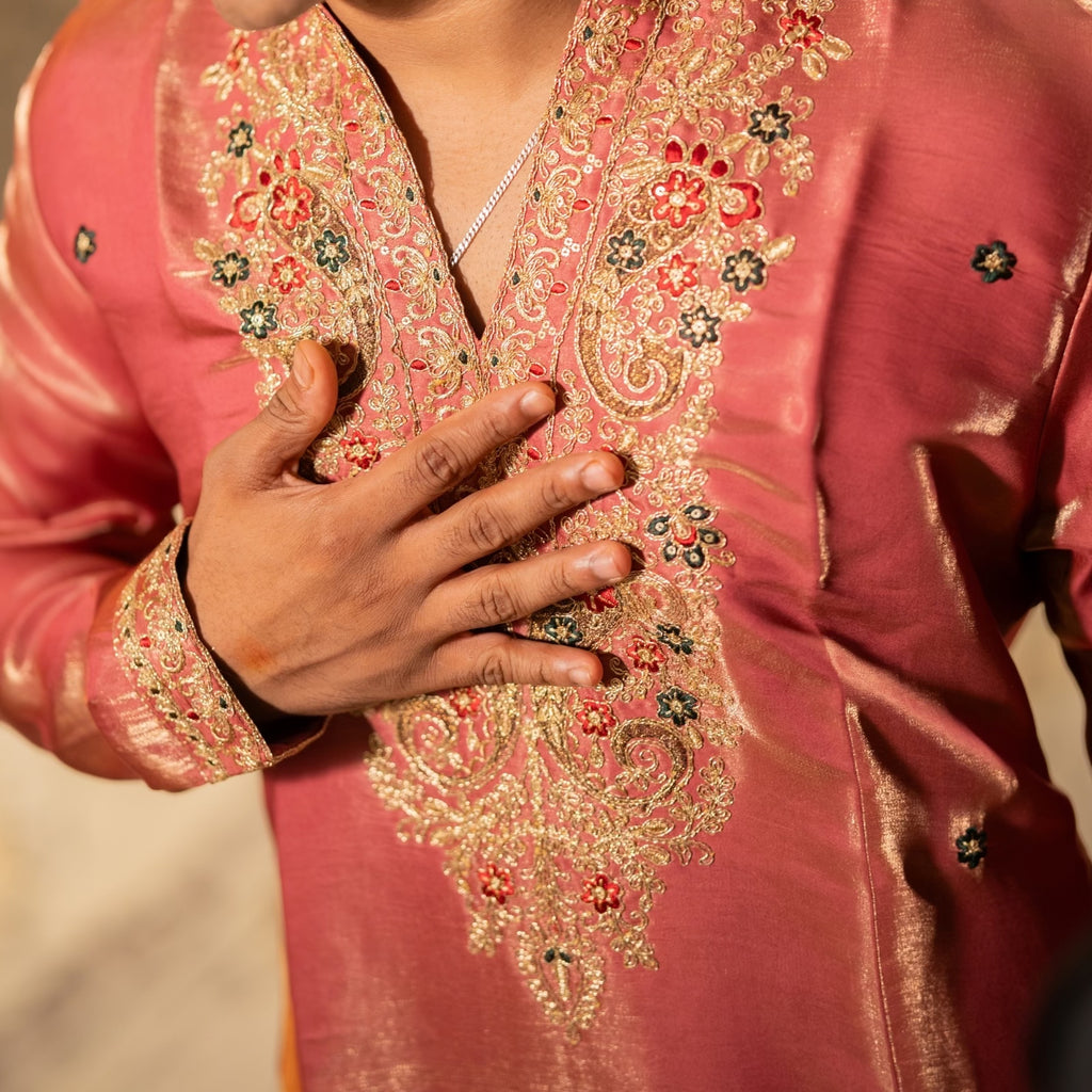 The Viraj Embroidered Kurta Pant Set (Dusty Rose & Copper Gold)