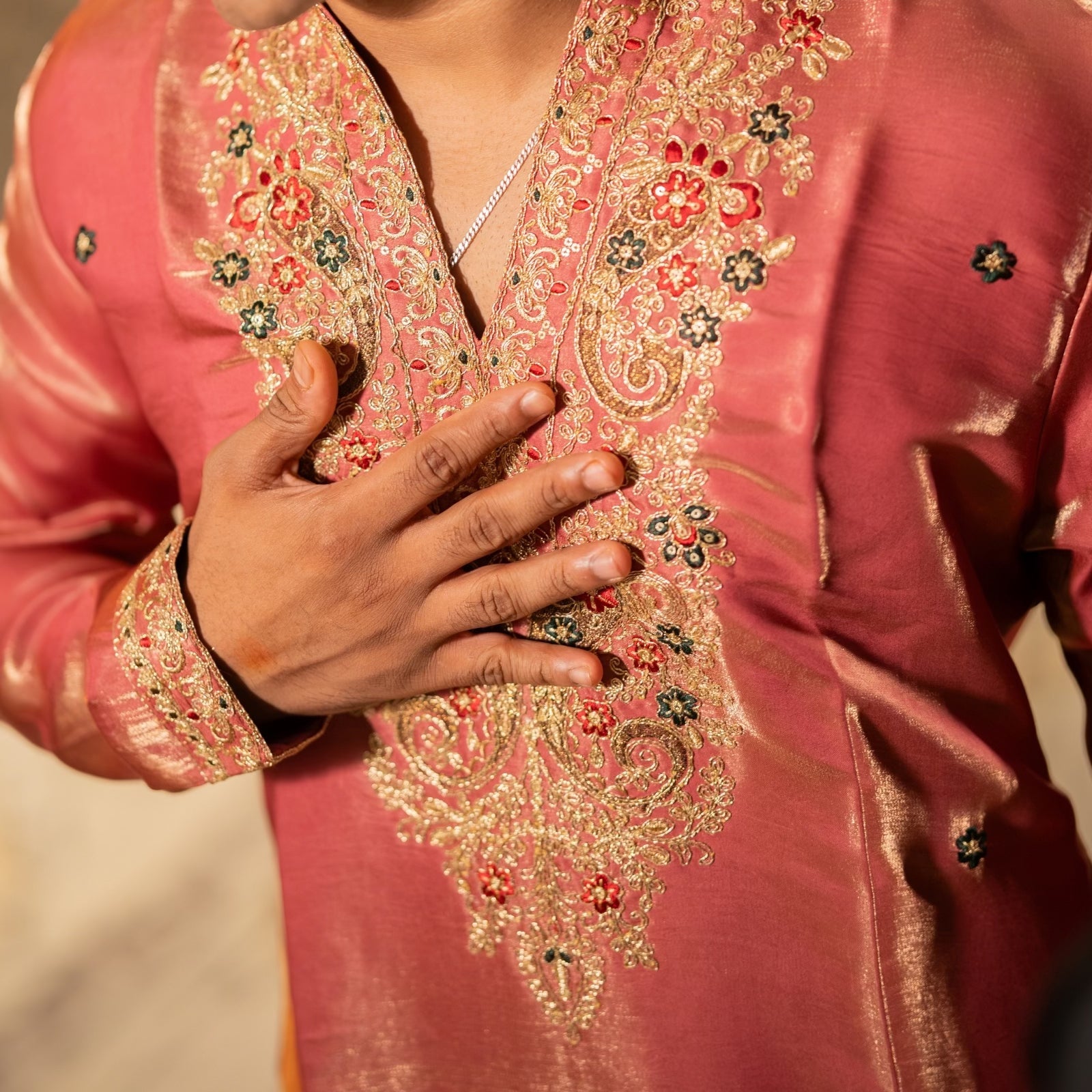 The Viraj Embroidered Kurta Pant Set (Dusty Rose & Copper Gold)