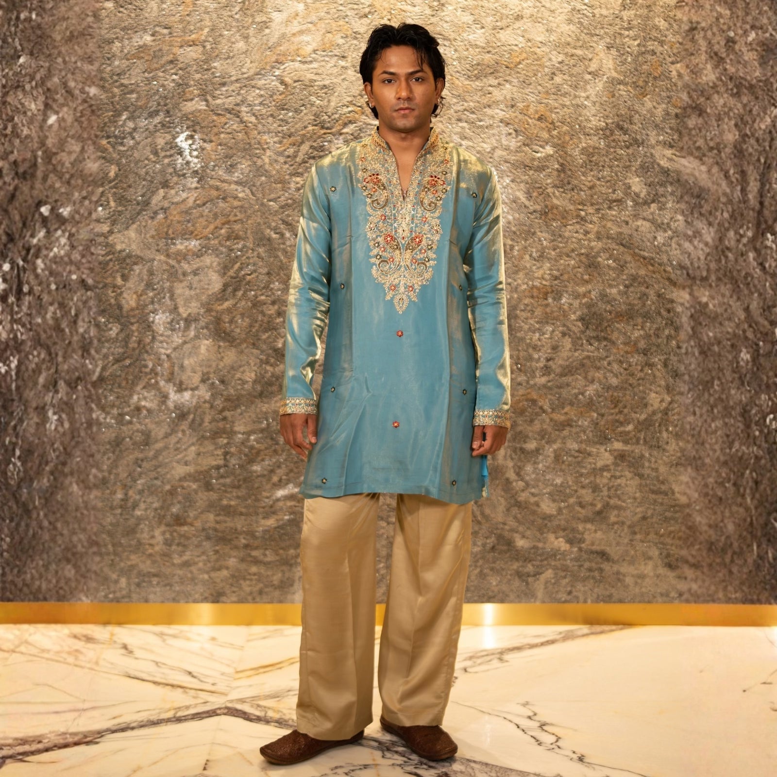 The Viraj Embroidered Kurta Pant Set(Cerulean Teal &Gold)