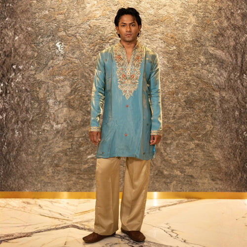The Viraj Embroidered Kurta Pant Set(Cerulean Teal &Gold)