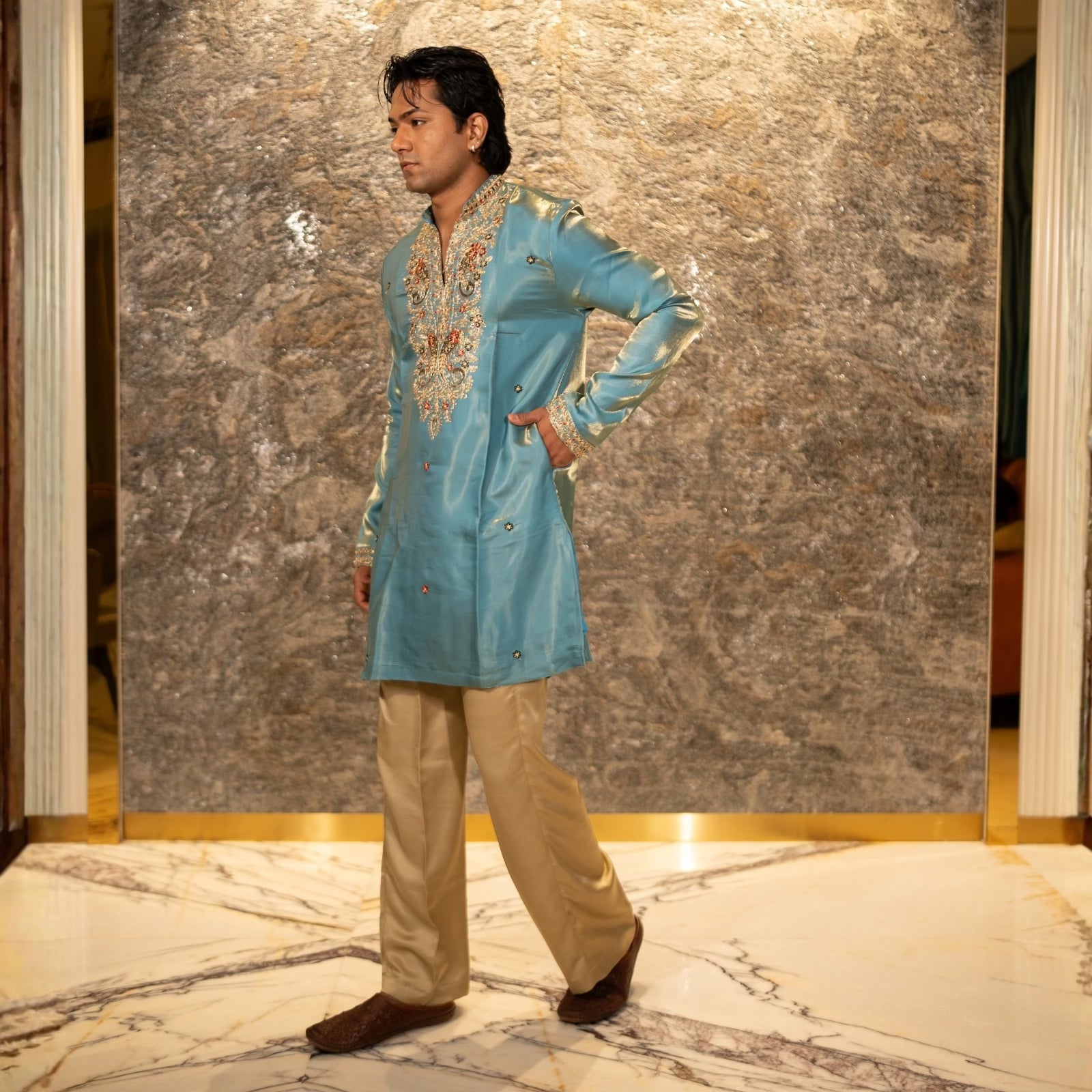 The Viraj Embroidered Kurta Pant Set(Cerulean Teal &Gold)