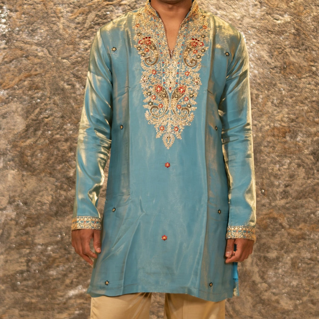 The Viraj Embroidered Kurta Pant Set(Cerulean Teal &Gold)