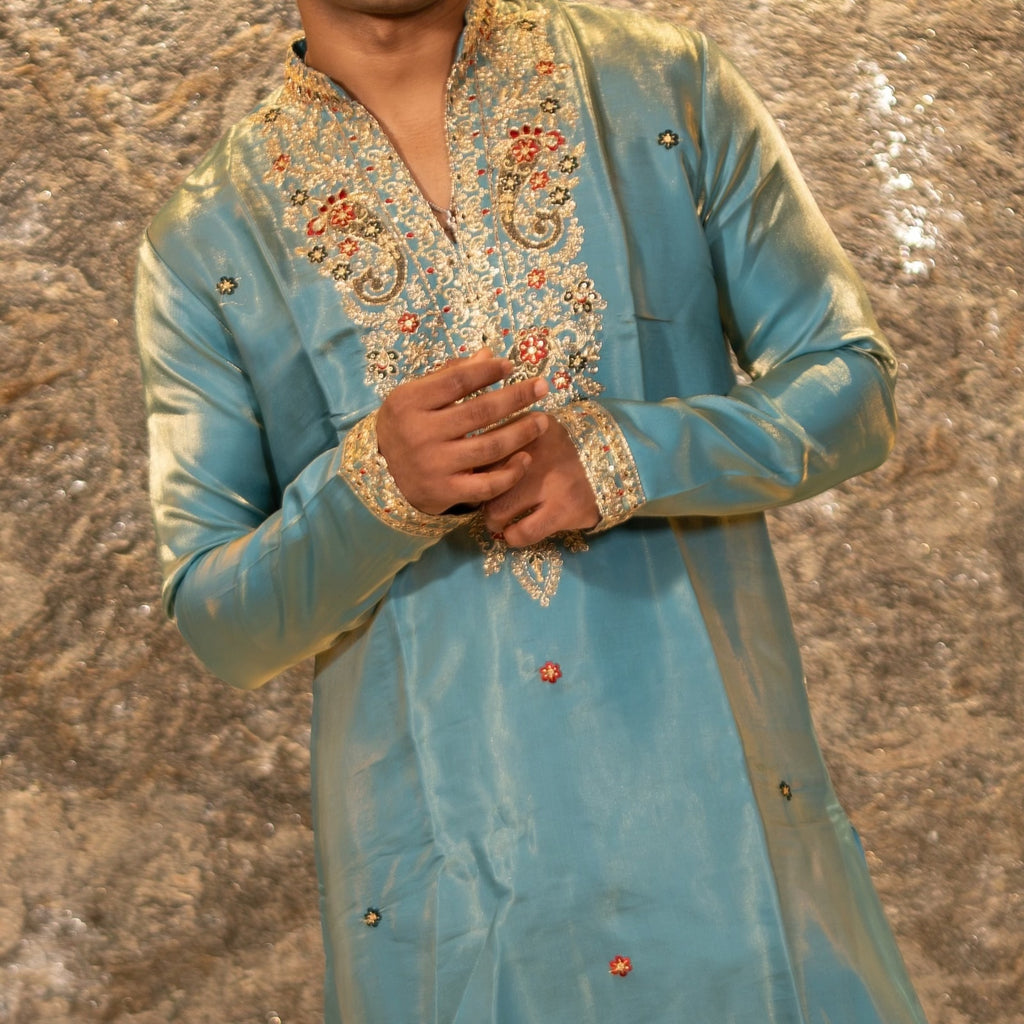 The Viraj Embroidered Kurta Pant Set(Cerulean Teal &Gold)