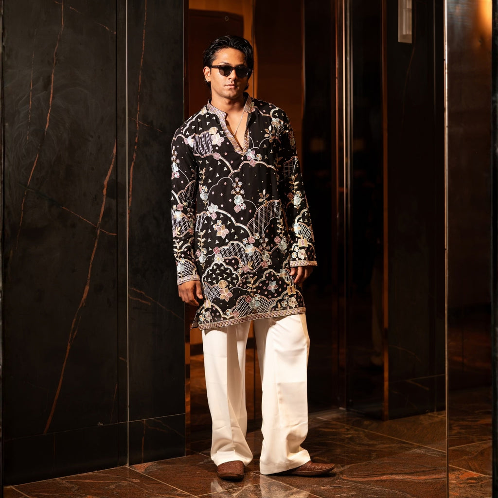 The Nakshatra Embroidered Kurta (Midnight Onyx &Multi-Hued Jali)