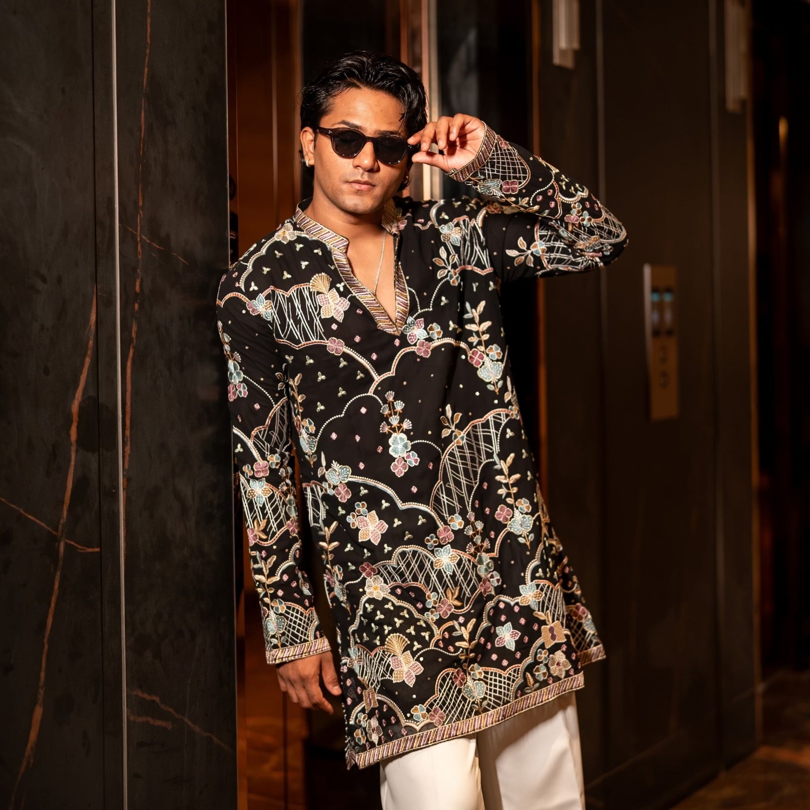 The Nakshatra Embroidered Kurta (Midnight Onyx &Multi-Hued Jali)
