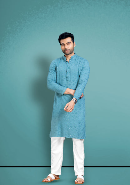 Teal Blue Chikankari Cotton Kurta