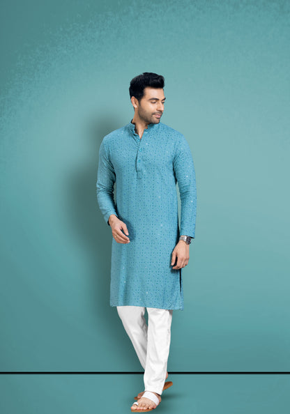 Teal Blue Chikankari Cotton Kurta