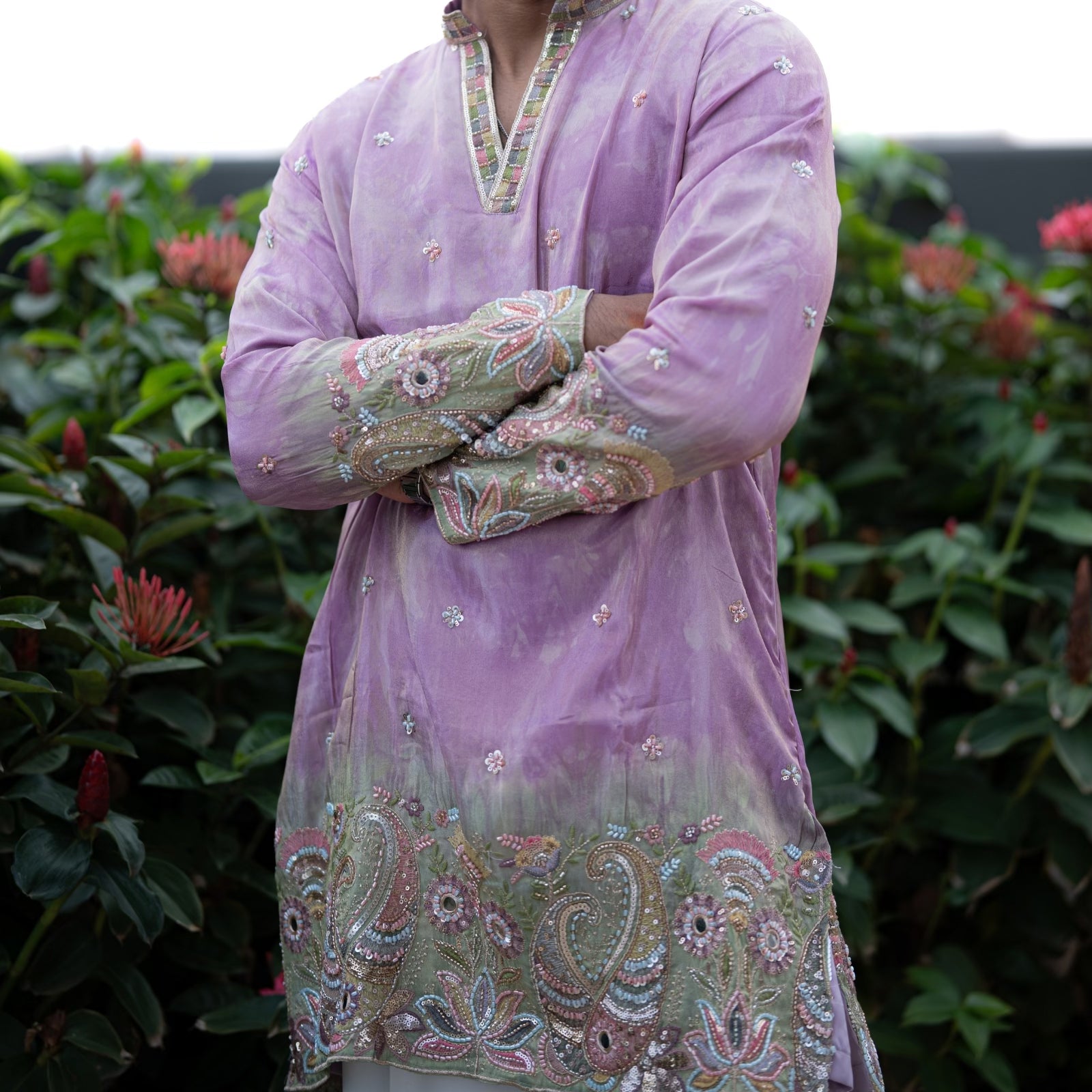 The Samarth Embroidered Kurta Set(Lilac &Sage Mist)
