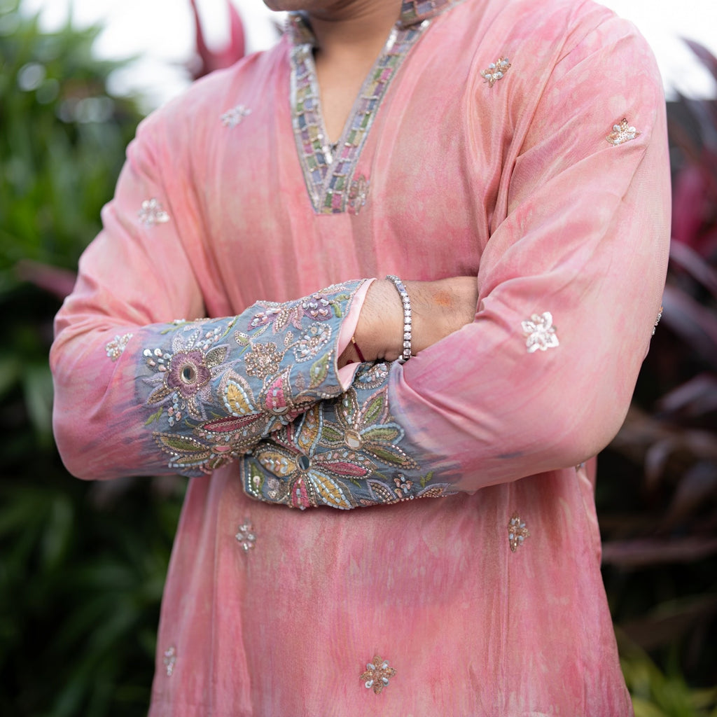 The Samarth Embroidered Kurta Set(Coral Peach &Slate Mist)