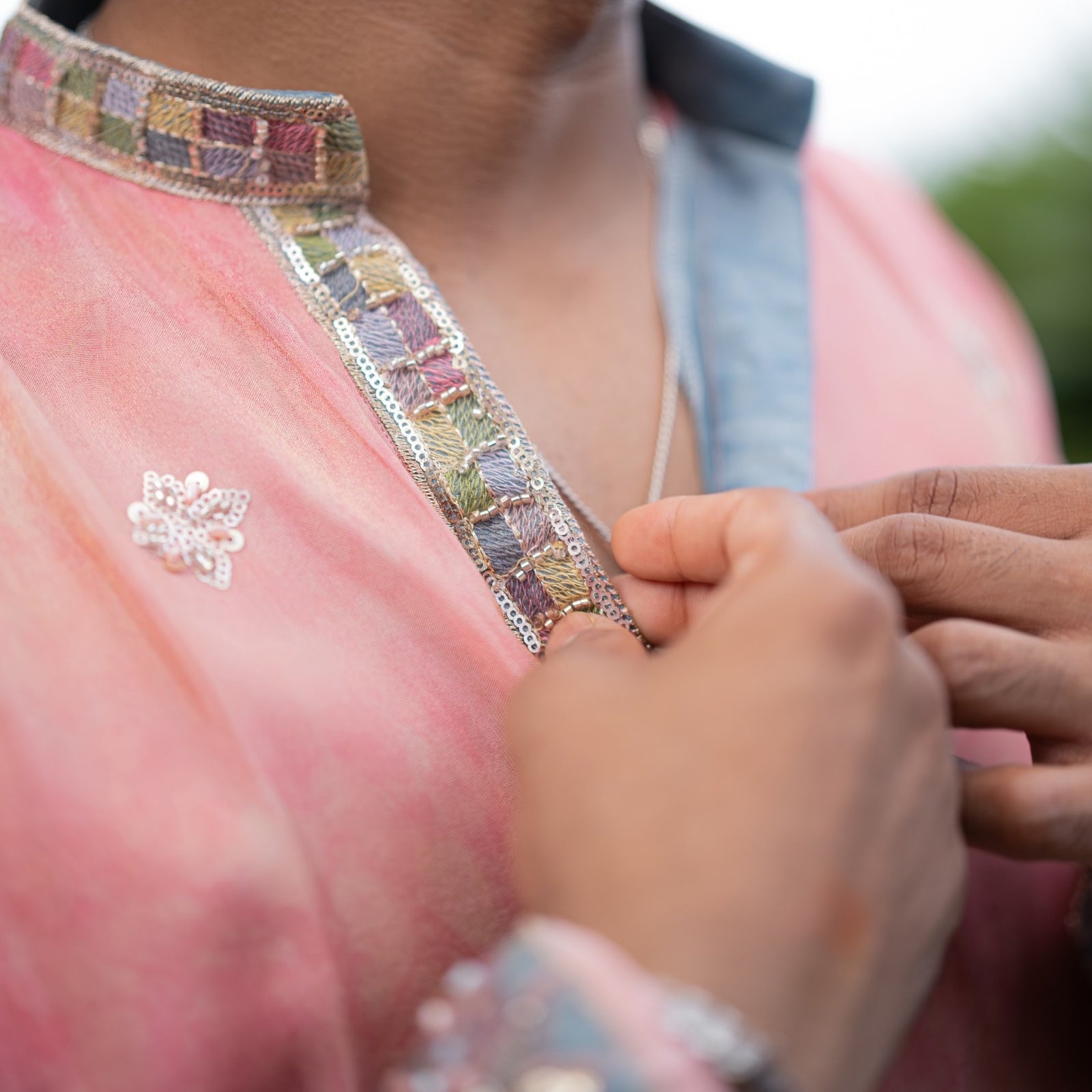 The Samarth Embroidered Kurta Set(Coral Peach &Slate Mist)