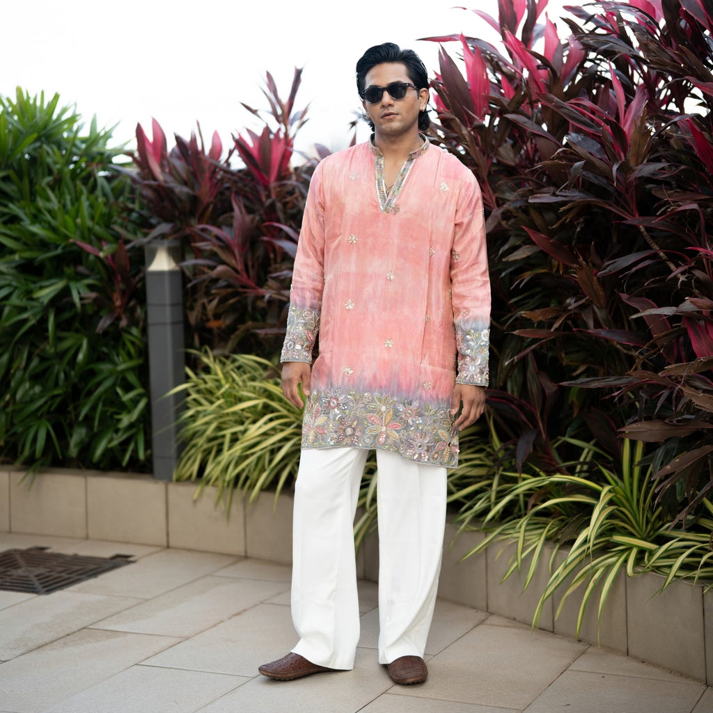 The Samarth Embroidered Kurta Set(Coral Peach &Slate Mist)