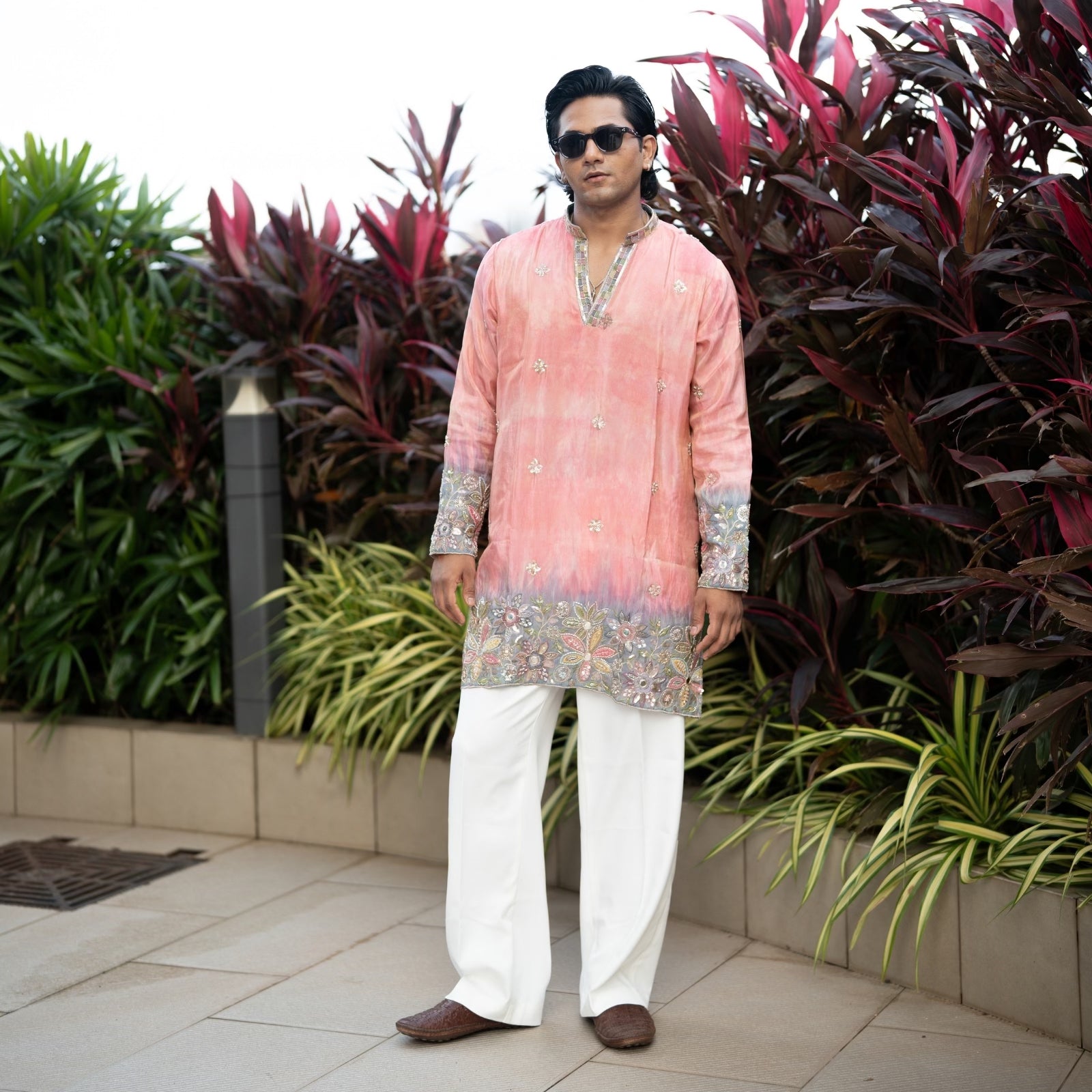 The Samarth Embroidered Kurta Set(Coral Peach &Slate Mist)