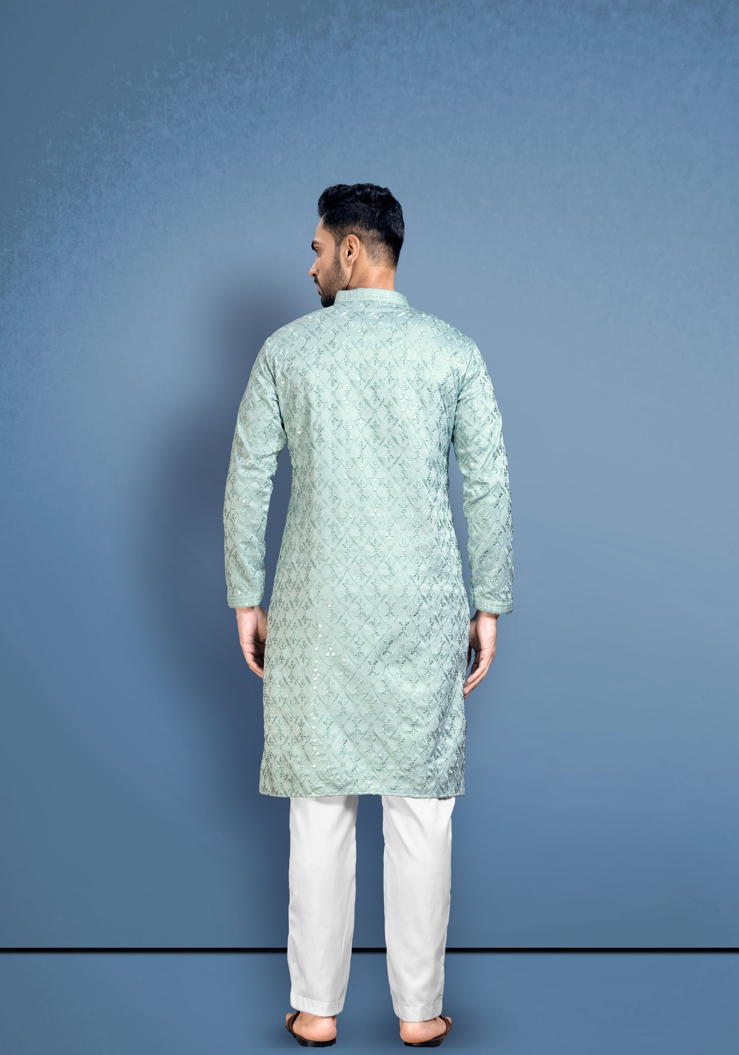 Teal Green Cotton Satin Kurta With Embroidery