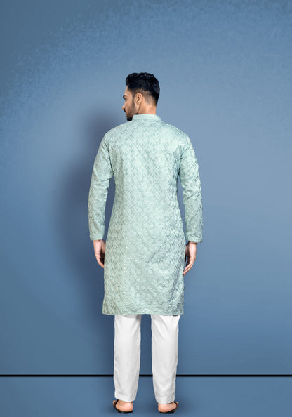 Teal Green Cotton Satin Kurta With Embroidery