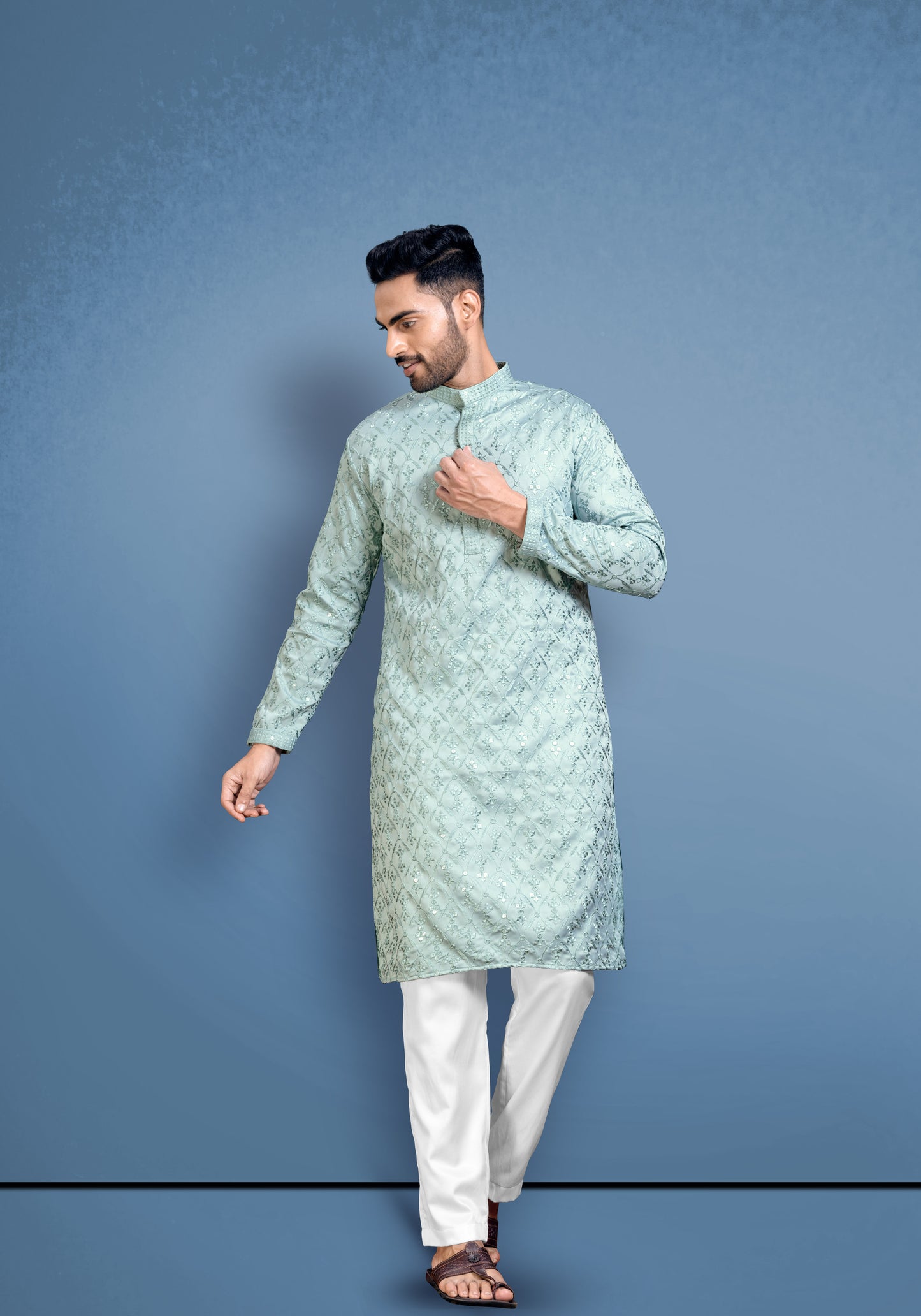 Teal Green Cotton Satin Kurta With Embroidery