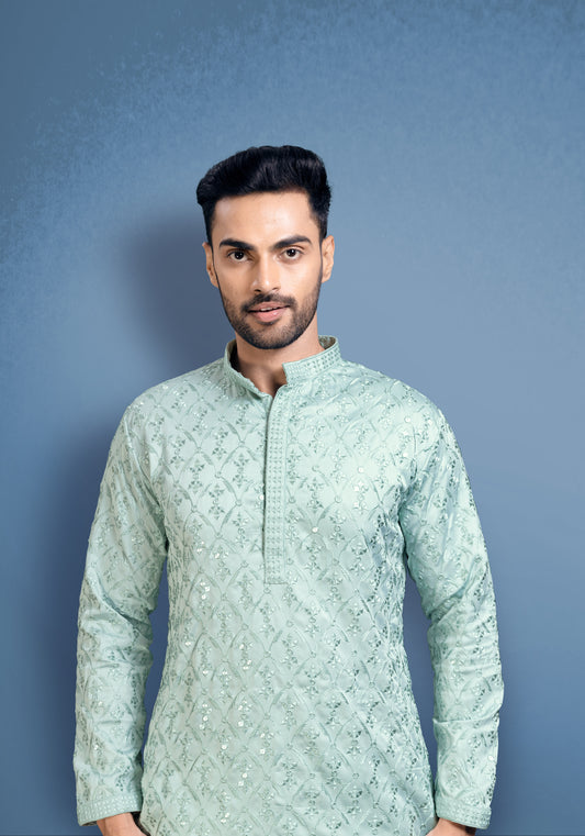 Teal green cotton satin kurta with embroidery