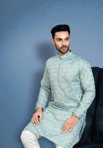 Teal Green Cotton Satin Kurta With Embroidery