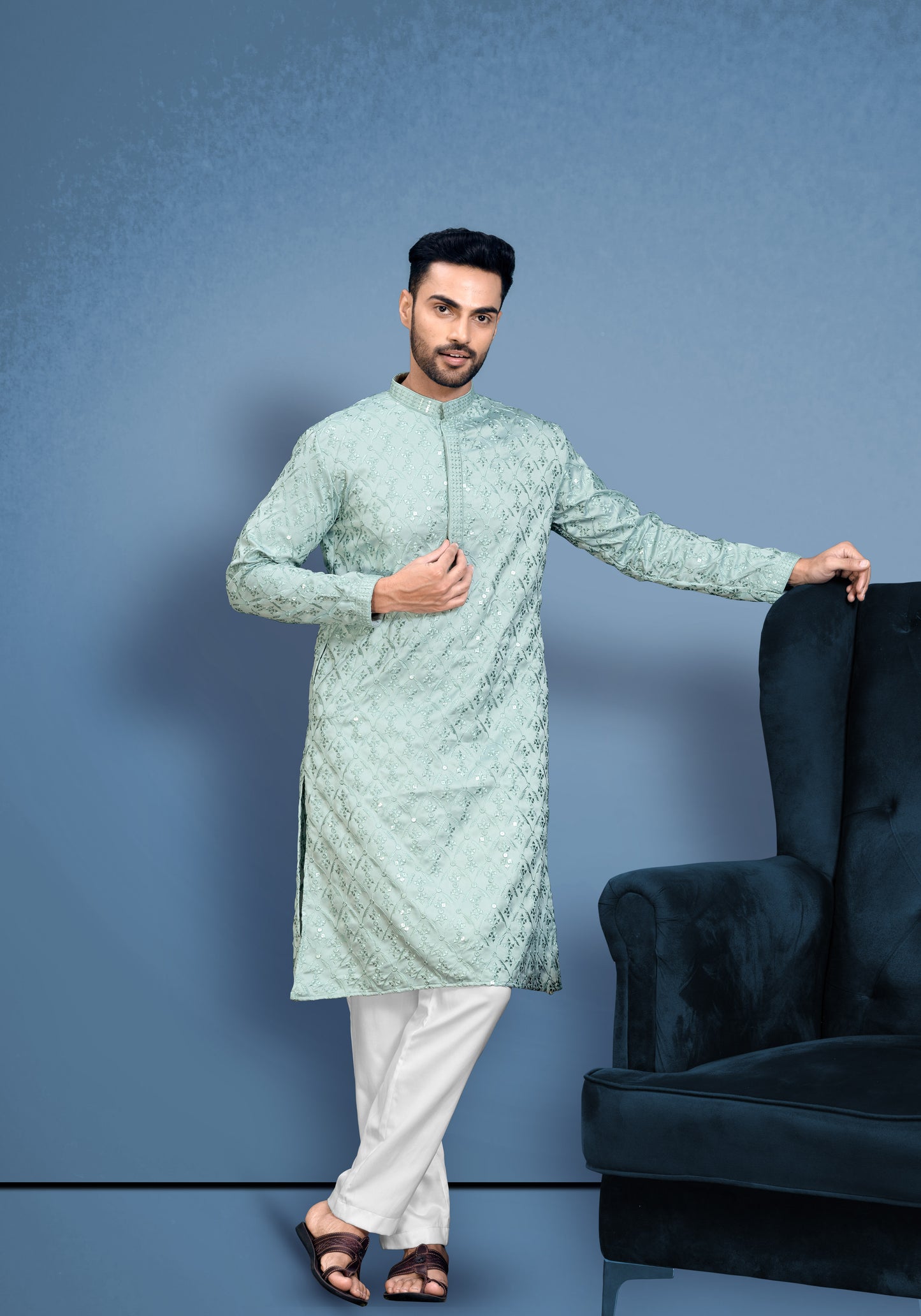 Teal Green Cotton Satin Kurta With Embroidery