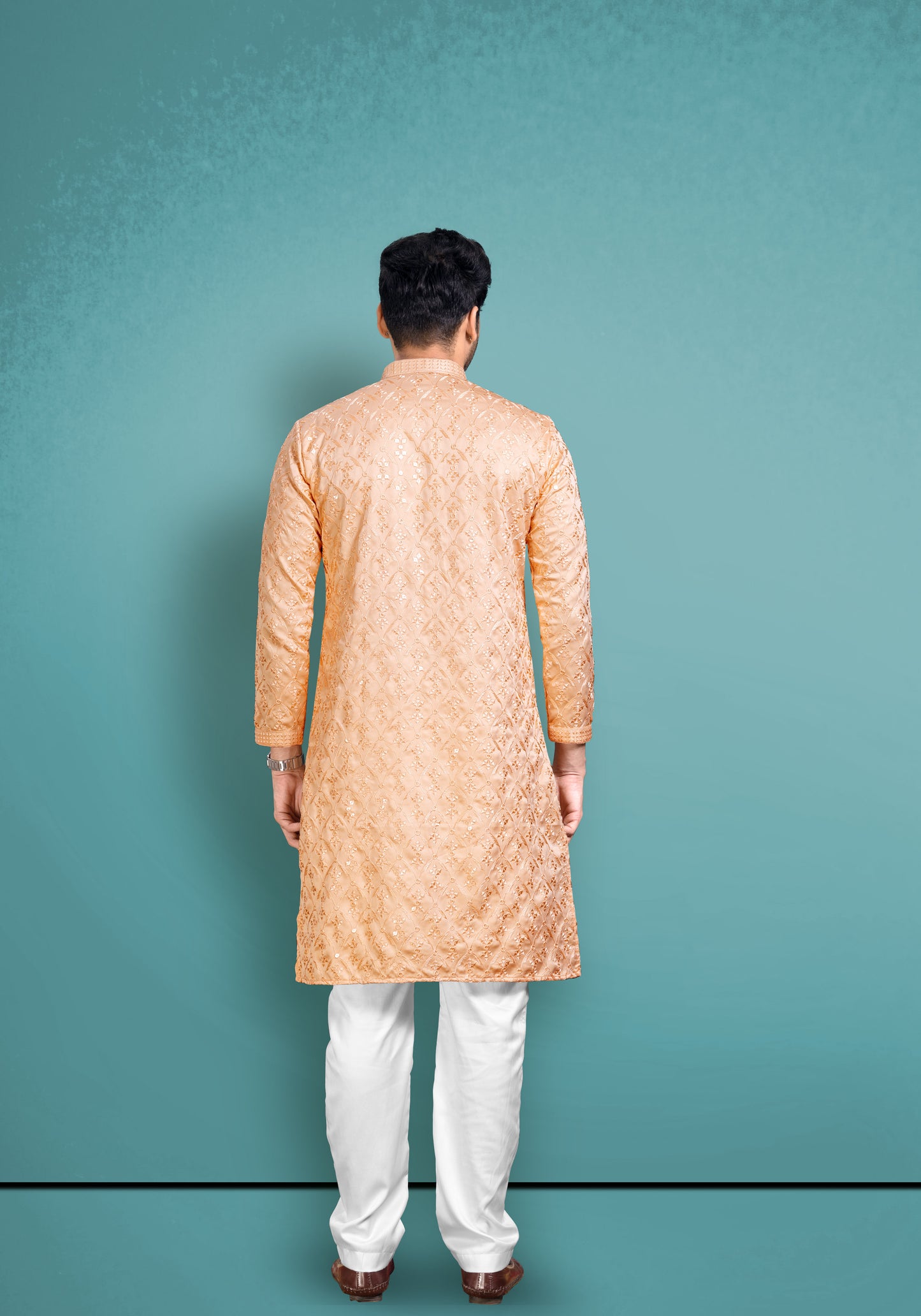 Peach Cotton Satin Kurta With Embroidery