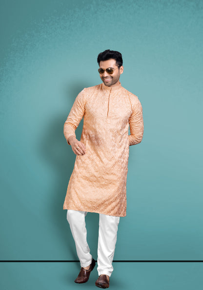 Peach Cotton Satin Kurta With Embroidery