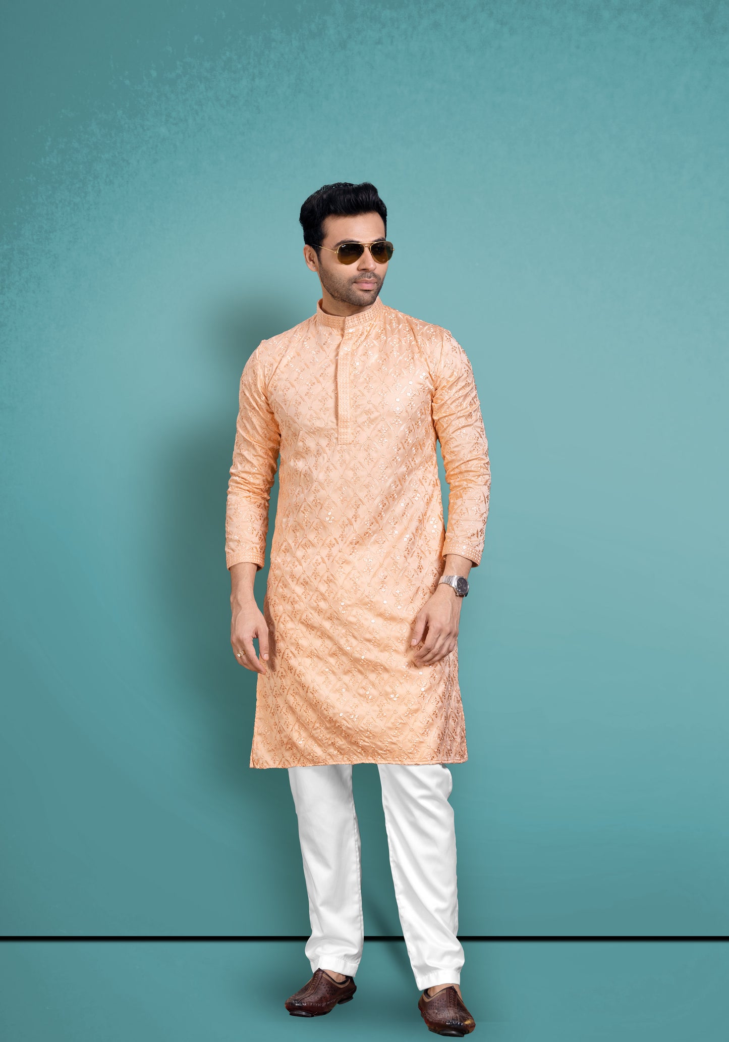 Peach Cotton Satin Kurta With Embroidery