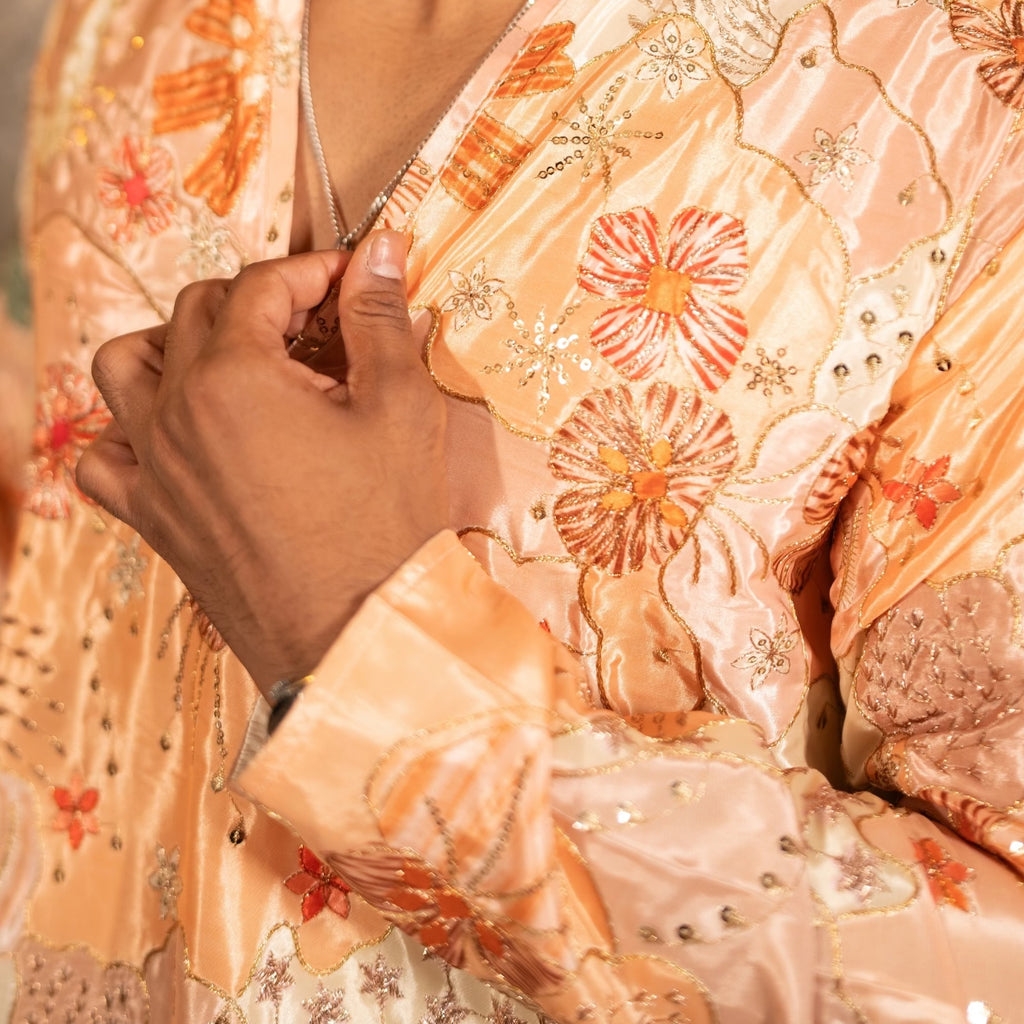 The Vedant Embroidered Kurta Set (Sunlit Peach &Sage)