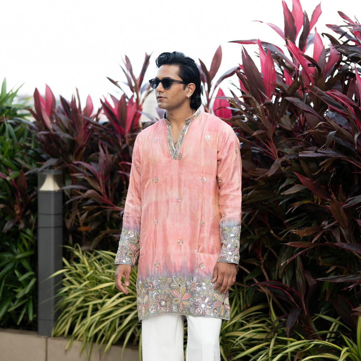 The Samarth Embroidered Kurta Set(Coral Peach &Slate Mist)