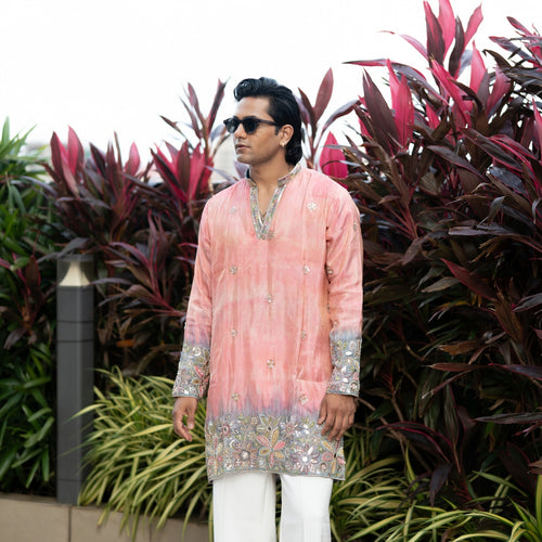 The Samarth Embroidered Kurta Set(Coral Peach &Slate Mist)