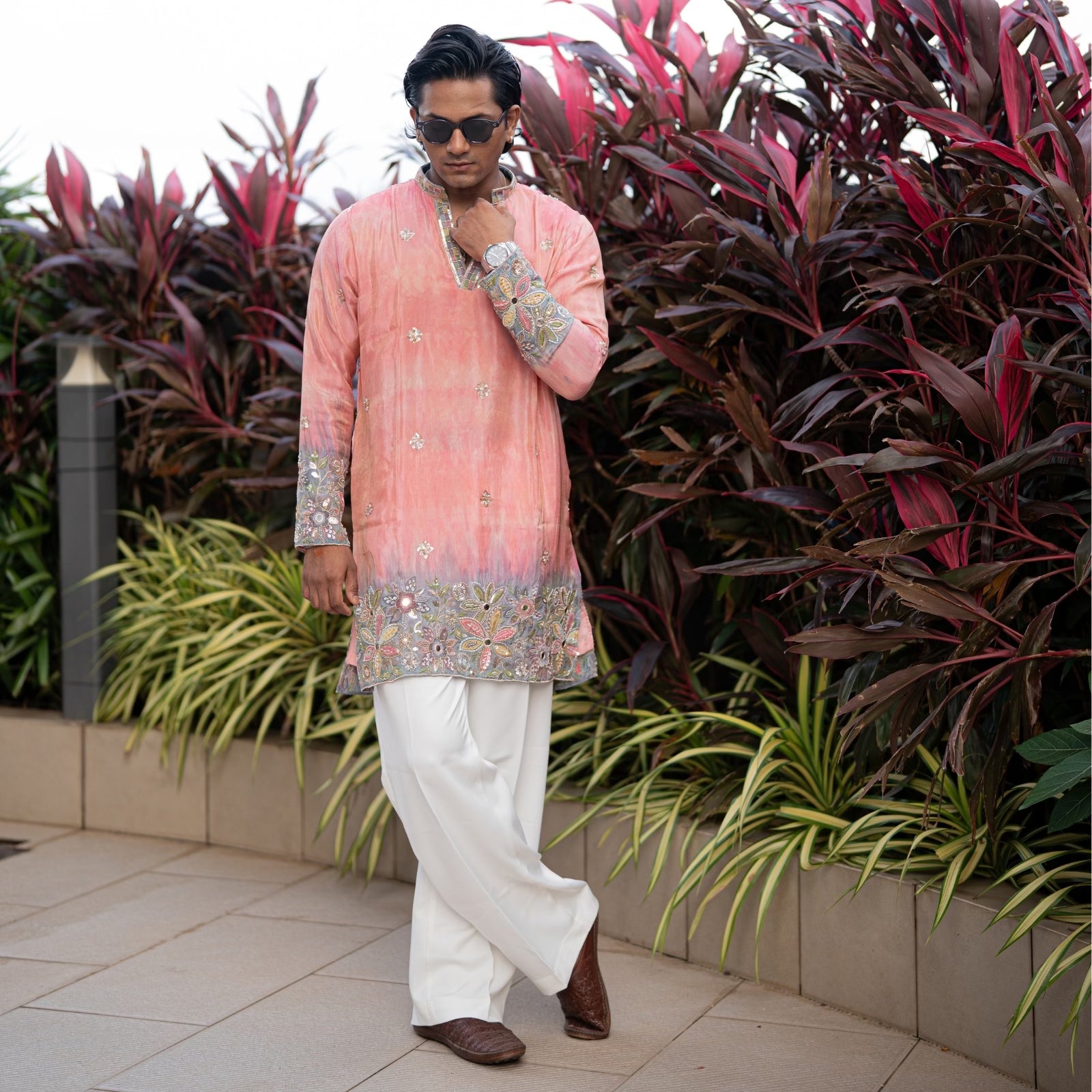 The Samarth Embroidered Kurta Set(Coral Peach &Slate Mist)