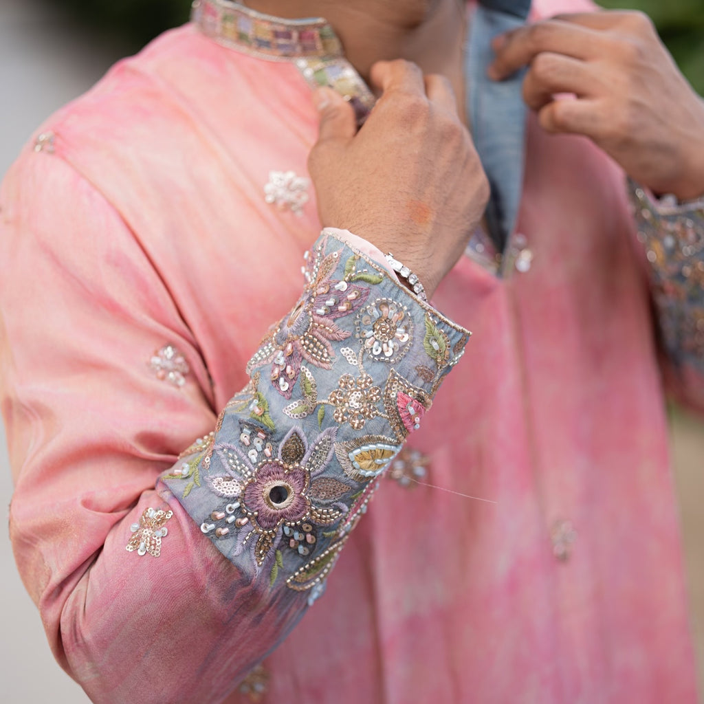 The Samarth Embroidered Kurta Set(Coral Peach &Slate Mist)