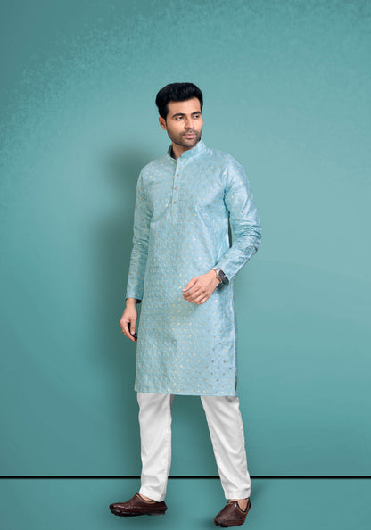 Blue Silk Kurta With Golden Sequeing