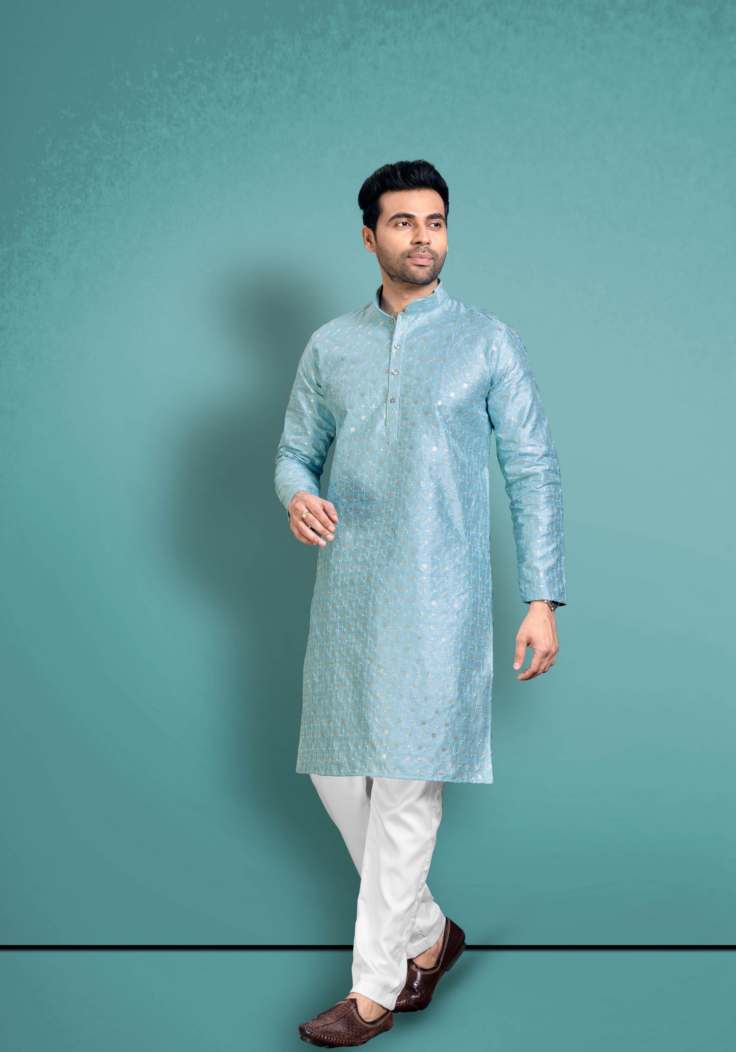 Blue Silk Kurta With Golden Sequeing