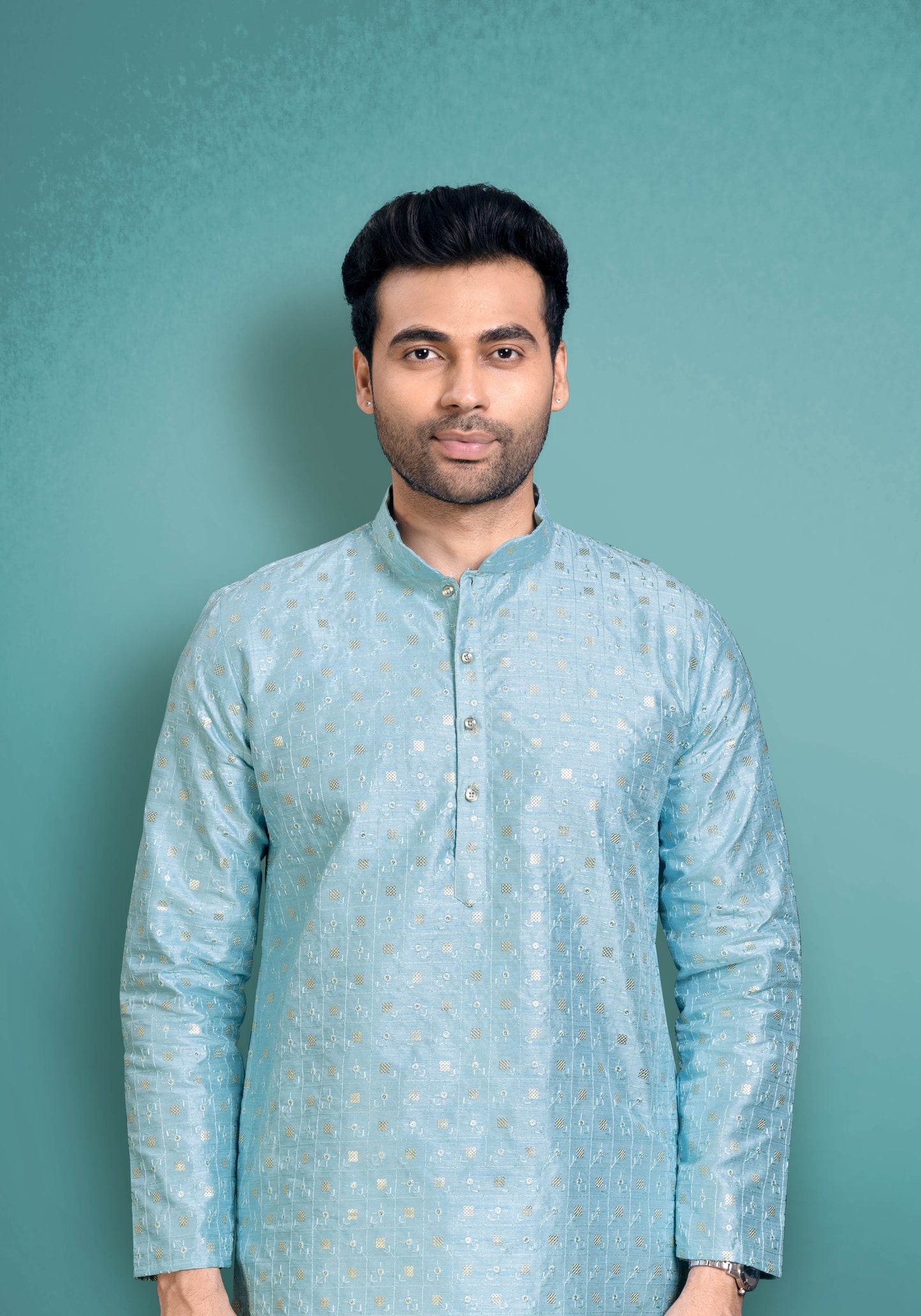 Blue Silk Kurta With Golden Sequeing