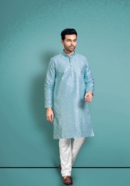 Blue Silk Kurta With Golden Sequeing