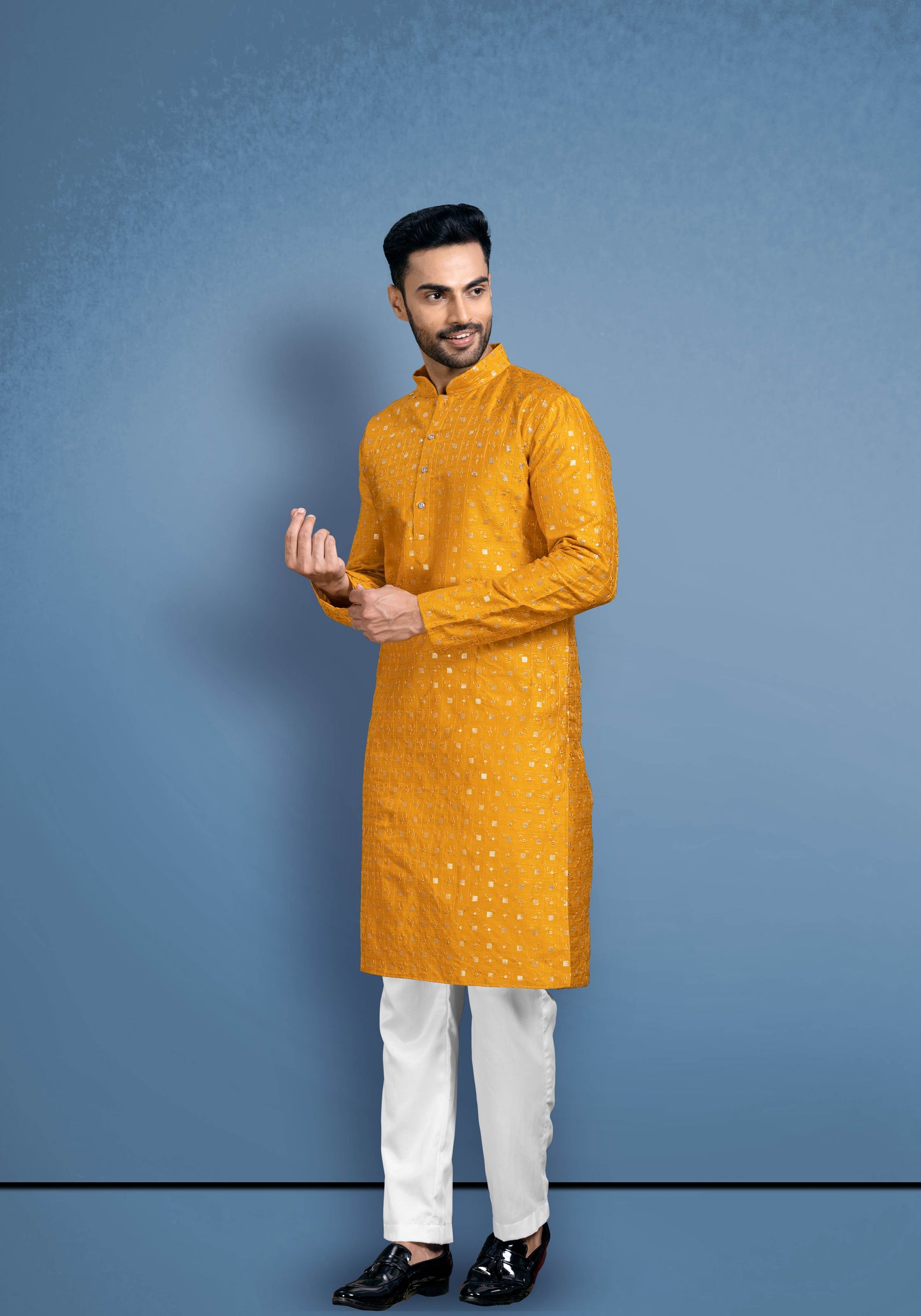 Yellow Silky Kurta With Golden Sequencing