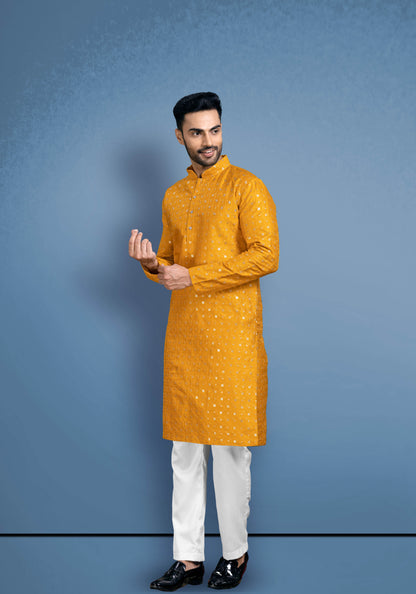 Yellow silky kurta with golden sequencing.