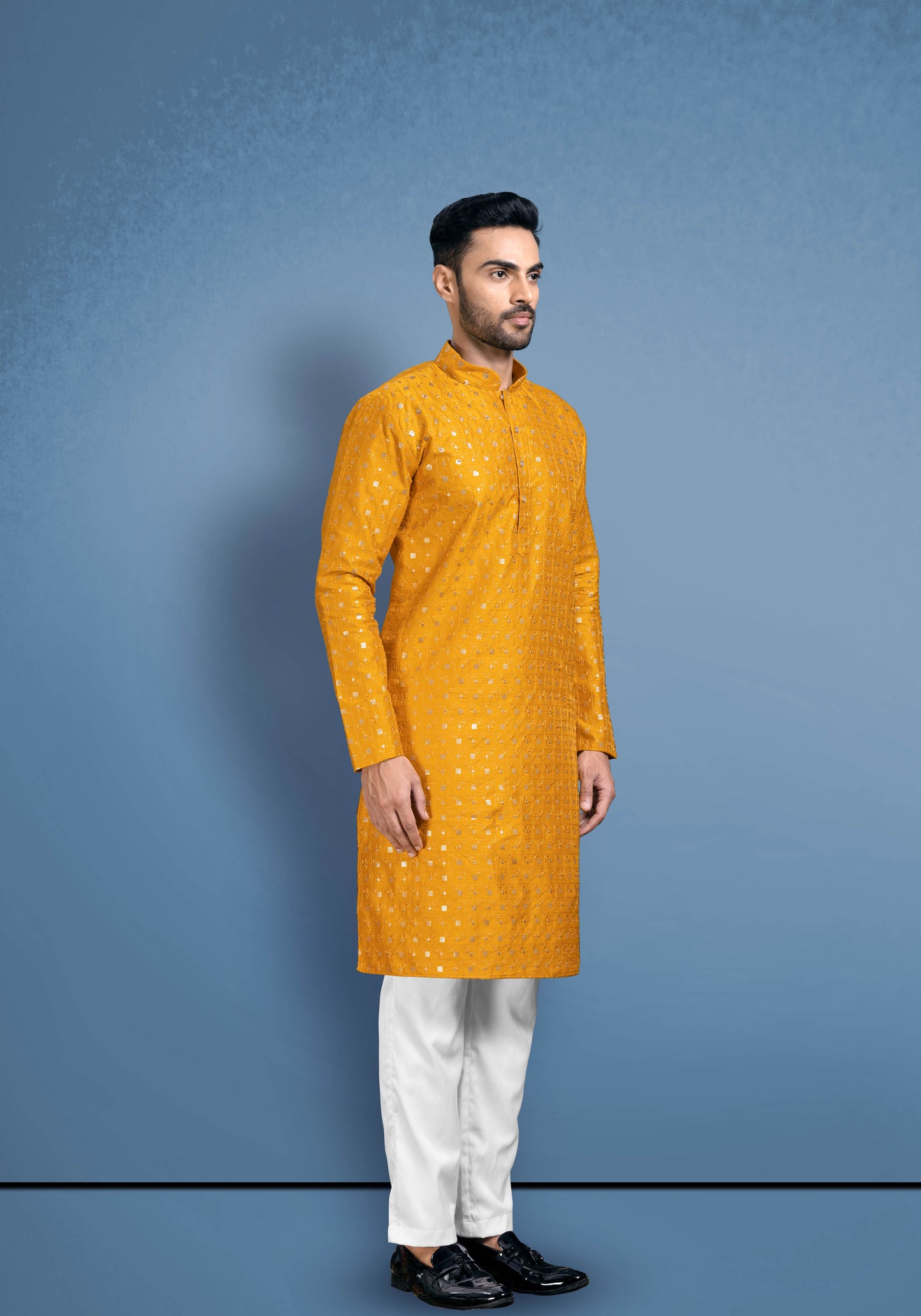 Yellow Silky Kurta With Golden Sequencing