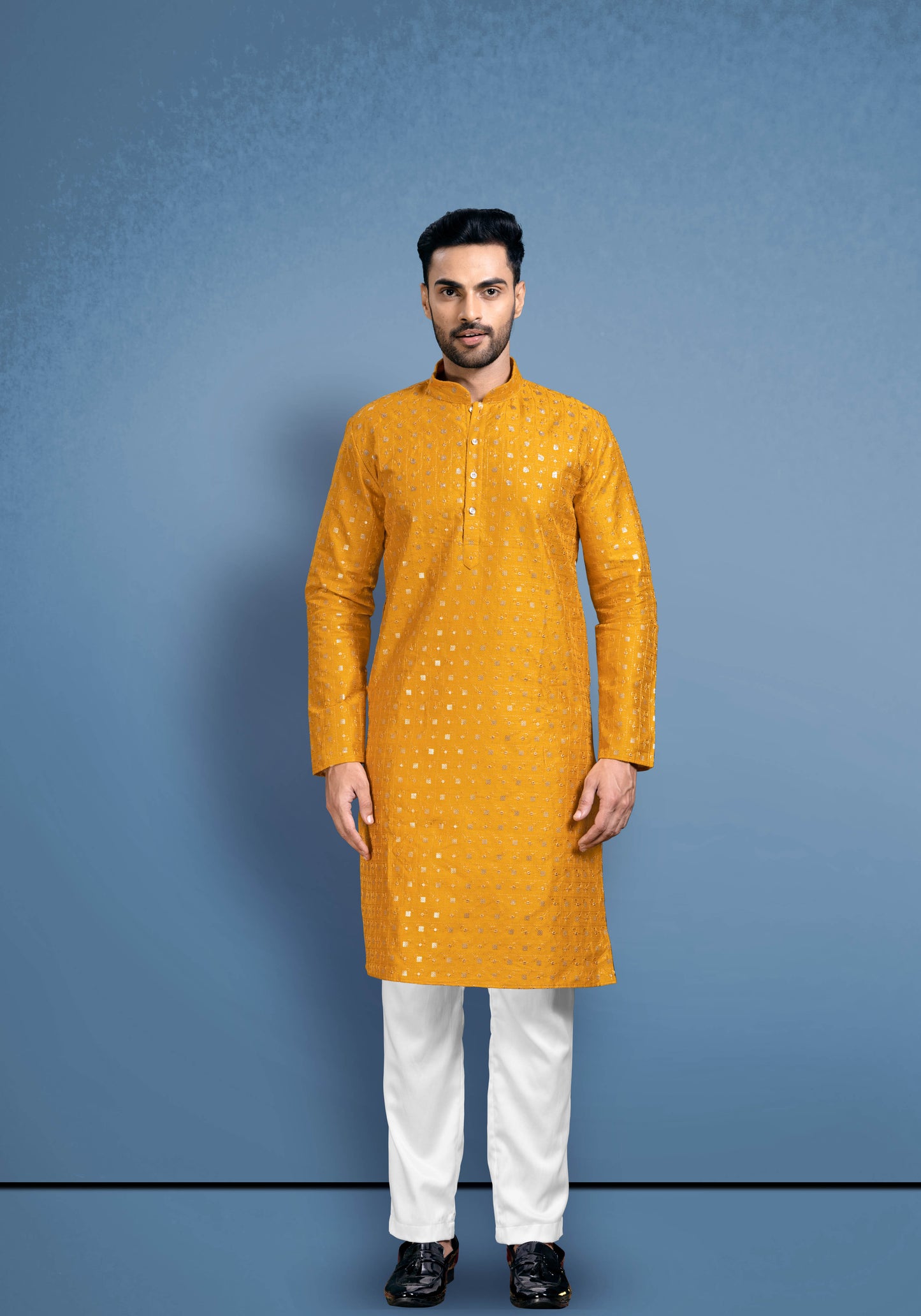 Yellow Silky Kurta With Golden Sequencing