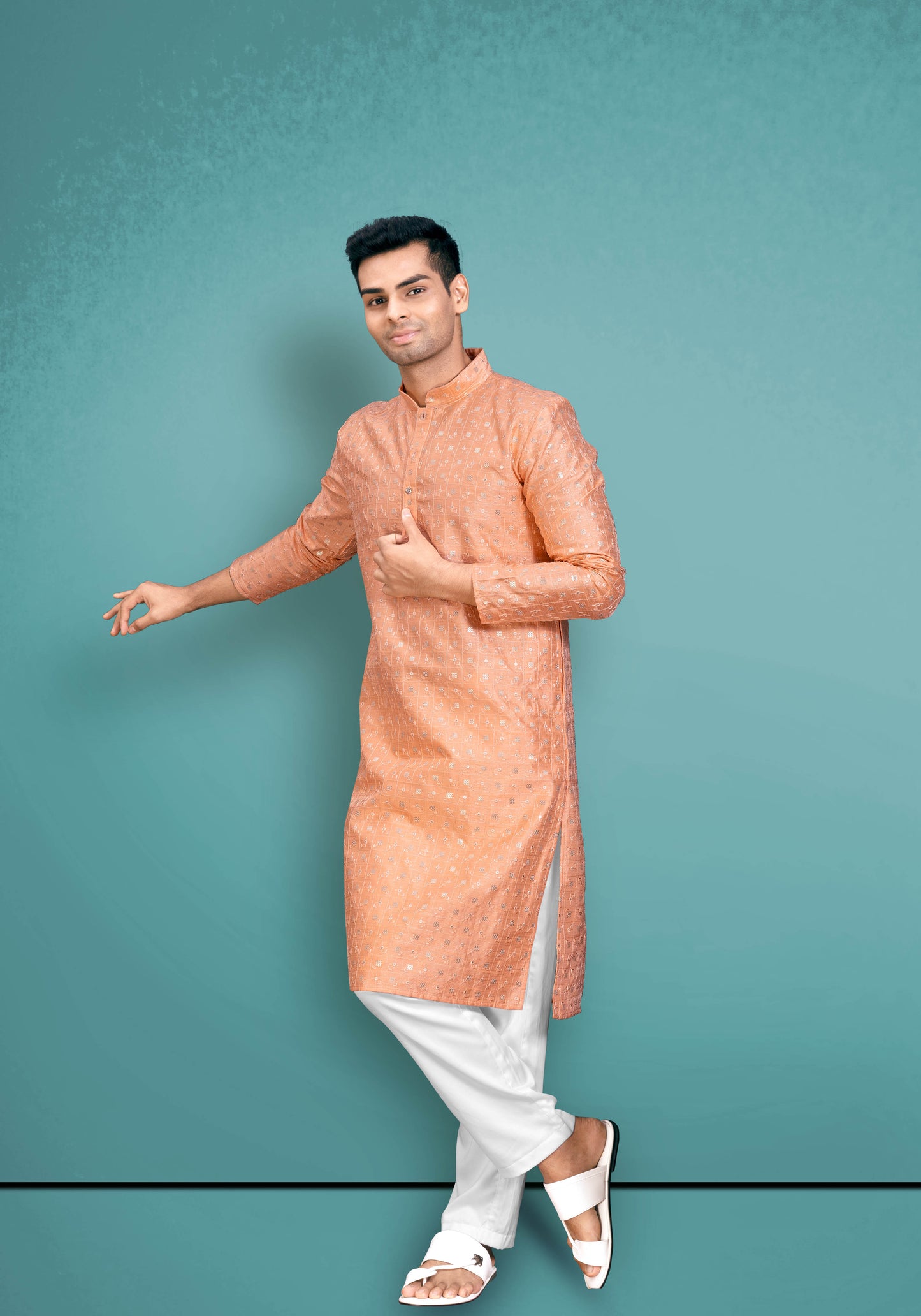 Peach Silk Kurta With Golden Sequencing