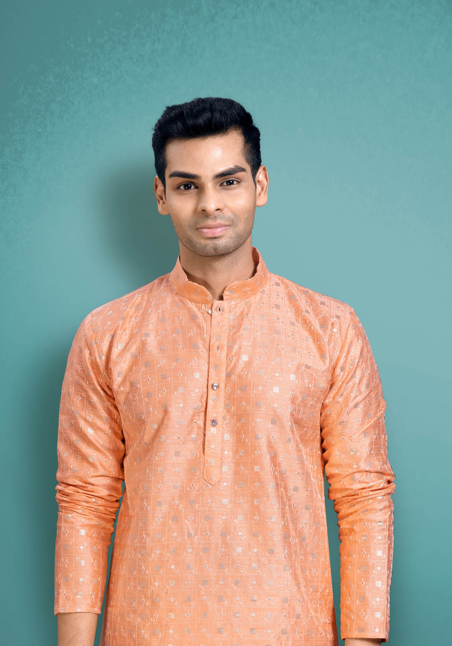 Peach Silk Kurta With Golden Sequencing