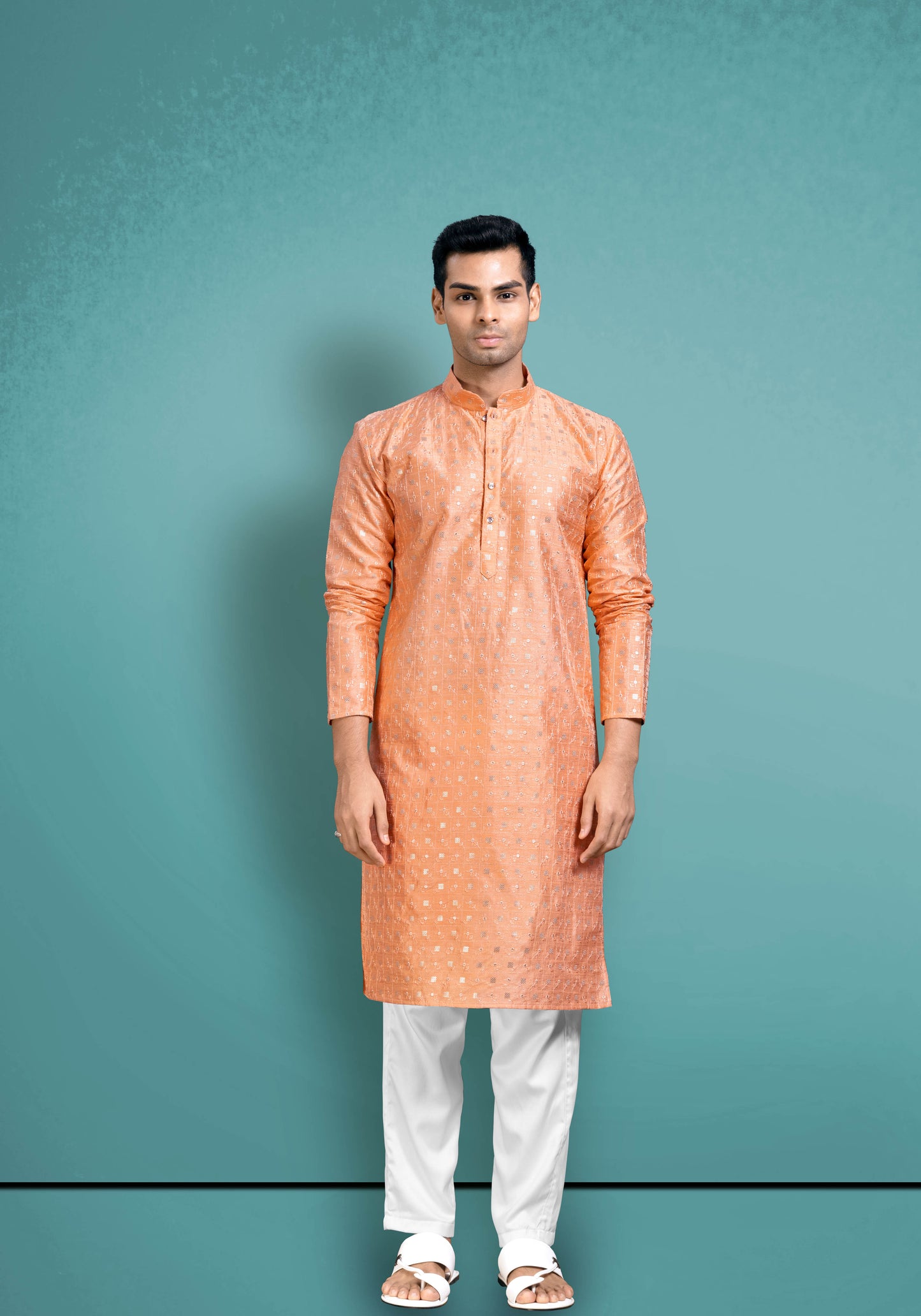 Peach Silk Kurta With Golden Sequencing