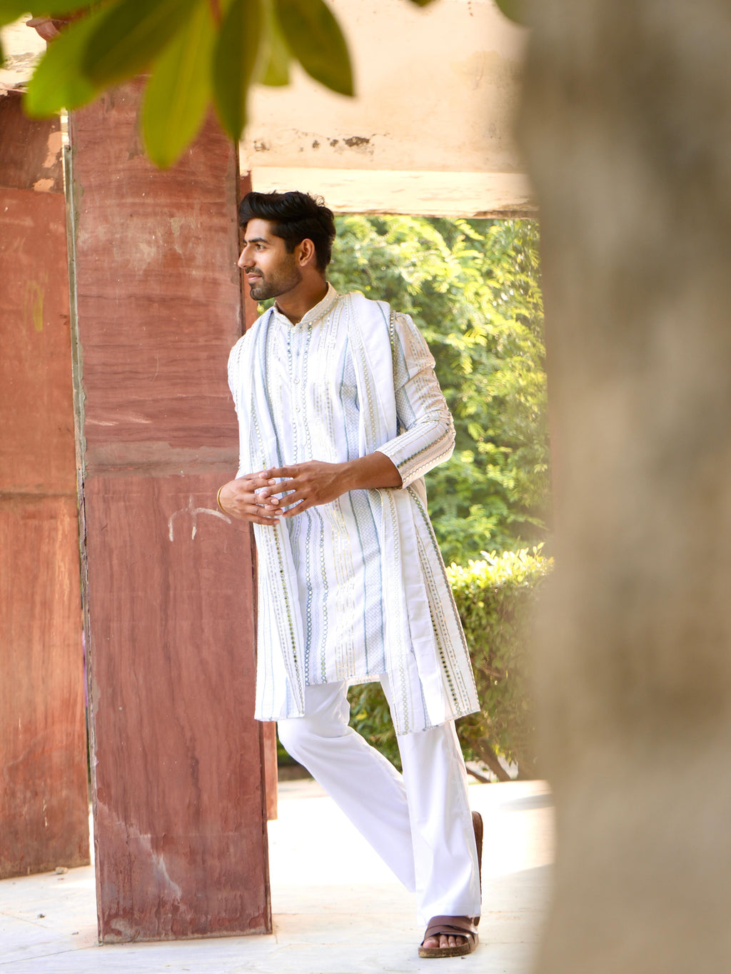 Rang Leheriya Grey Foiled Mirror Striped Work SHORT Kurta + dupatta set.