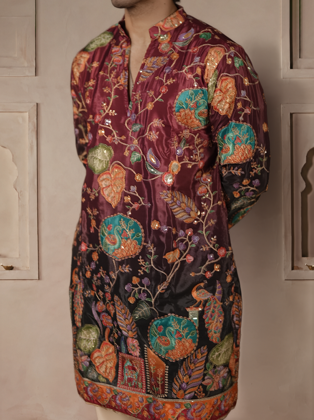 The Sikandar Embroidered Kurta (Royal Crimson &Midnight)