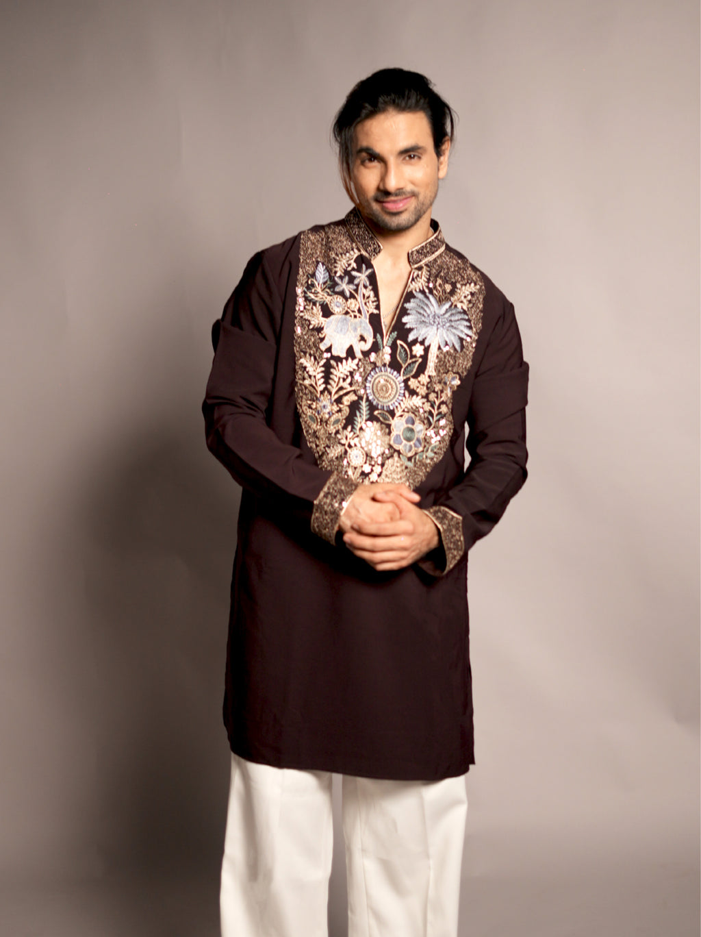 The Gajaarav Embroidered Kurta (Espresso Onyx & Antique Gold)