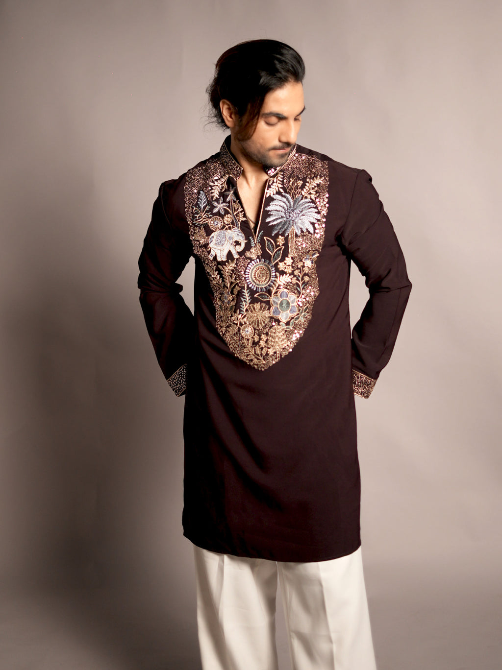 The Gajaarav Embroidered Kurta (Espresso Onyx & Antique Gold)