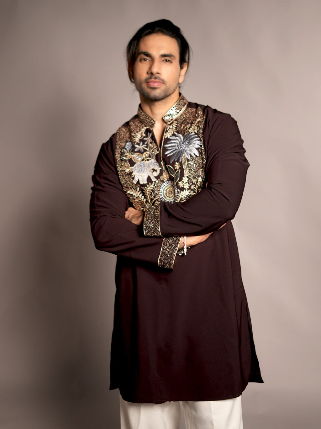 The Gajaarav Embroidered Kurta (Espresso Onyx & Antique Gold)