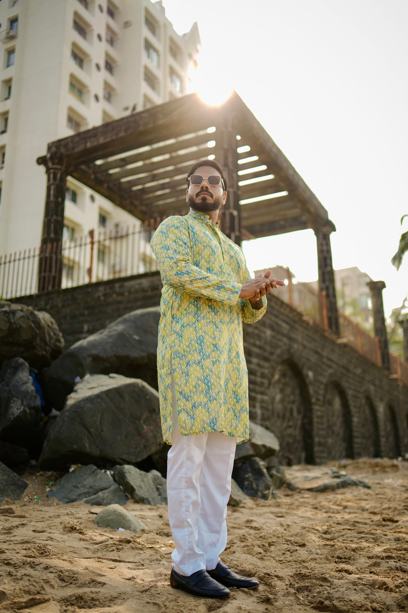 Yellow Grey Premium Embroidery Printed Kurta