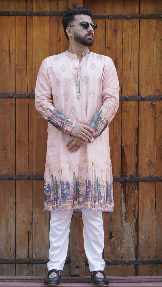 Peach Digital Print Linen Kurta Set