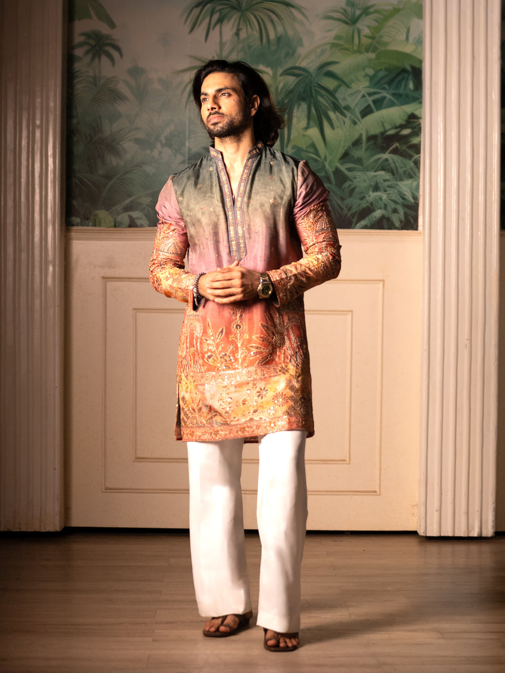 The Kaviraj Embroidered Kurta Set(Sunset Ombré & Antique Zari)