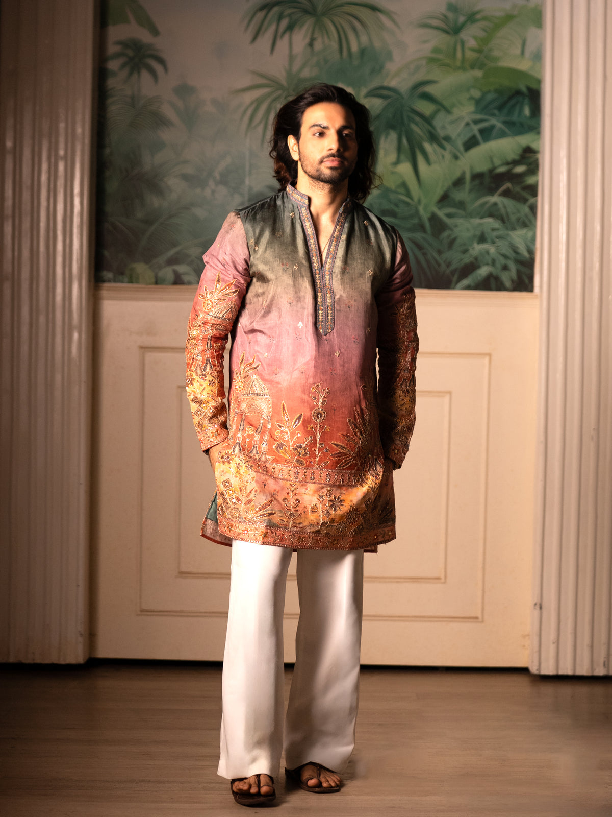 The Kaviraj Embroidered Kurta Set(Sunset Ombré & Antique Zari)